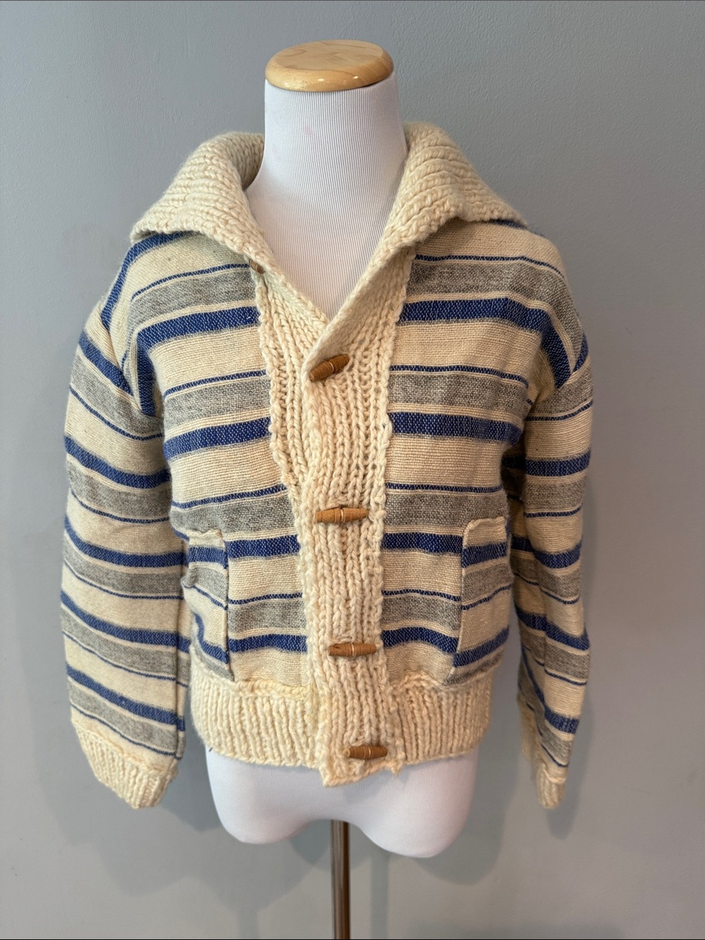 Vintage Cream & Blue Striped Shawl Collar Cardigan